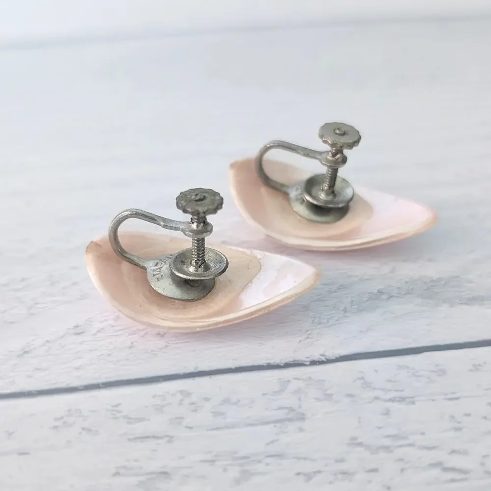 Vintage Screw On Earrings Pearlescent Pink-ish Curved Teardrop Shape